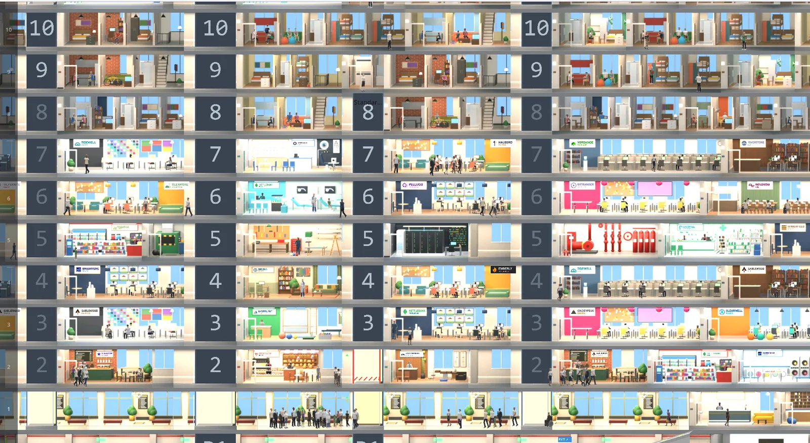 Ten floors of a 2D tower in the rendered style: lit rooms, people, and elevators.