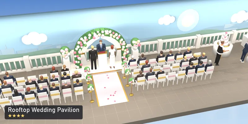 Rooftop Wedding Pavilion, a 4-star room, as a scale model of its 3D room, with the people who use it