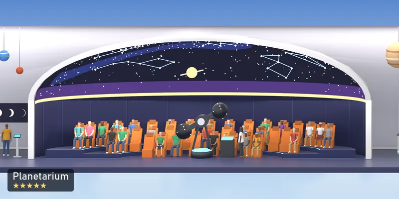 Planetarium, side on, as the 2D tower draws it, with the people who use it