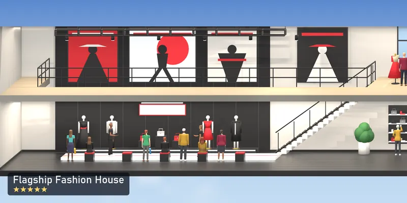 Flagship Fashion House, side on, as the 2D tower draws it, with the people who use it