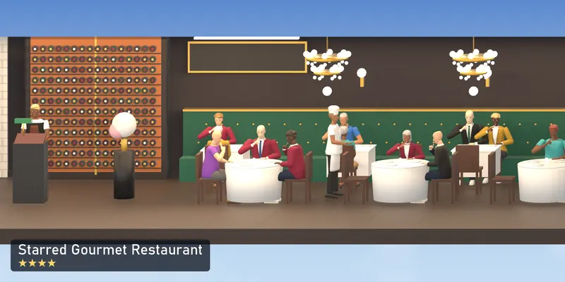 Starred Gourmet Restaurant, side on, as the 2D tower draws it, with the people who use it