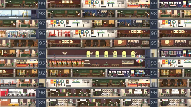 Evening at the top of a 2D tower: a casino, a ballroom, restaurants, and bars.